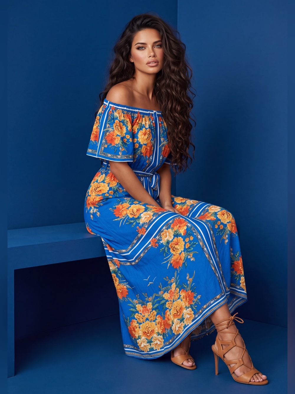 Flying Tomato Royal Blue One-Shoulder Floral Maxi Dress